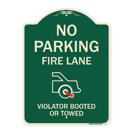 SIGNMISSION No Parking Fire Lane Violators Booted or Towed Heavy-Gauge Aluminum Sign, 24" x 18", G-1824-23737 A-DES-G-1824-23737